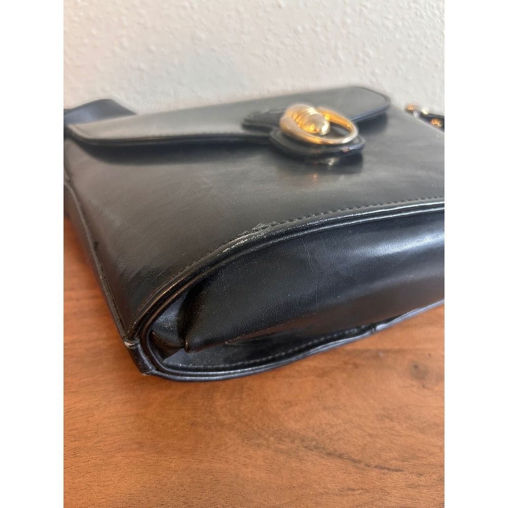 Vintage Black Leather Equestrian Crossbody Bag Horse Crest Gold Hardware - Picture 5 of 10